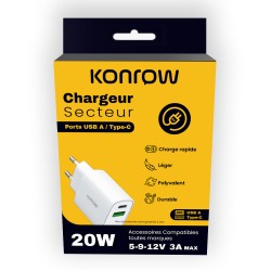Konrow KC20ACW - Adaptateur Secteur 2 Ports Type A & Type C - Charge rapide 20W, Blanc (Compatible, Blister)